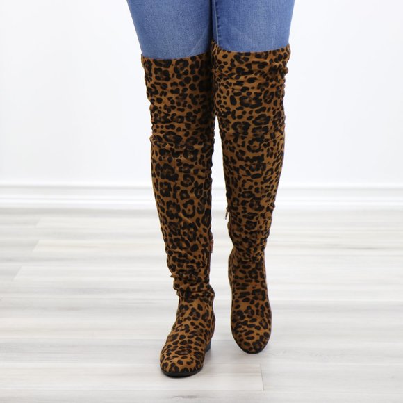 Leopard Suede Thigh High Flat Boot Lace Up Back - Picture 14 of 14